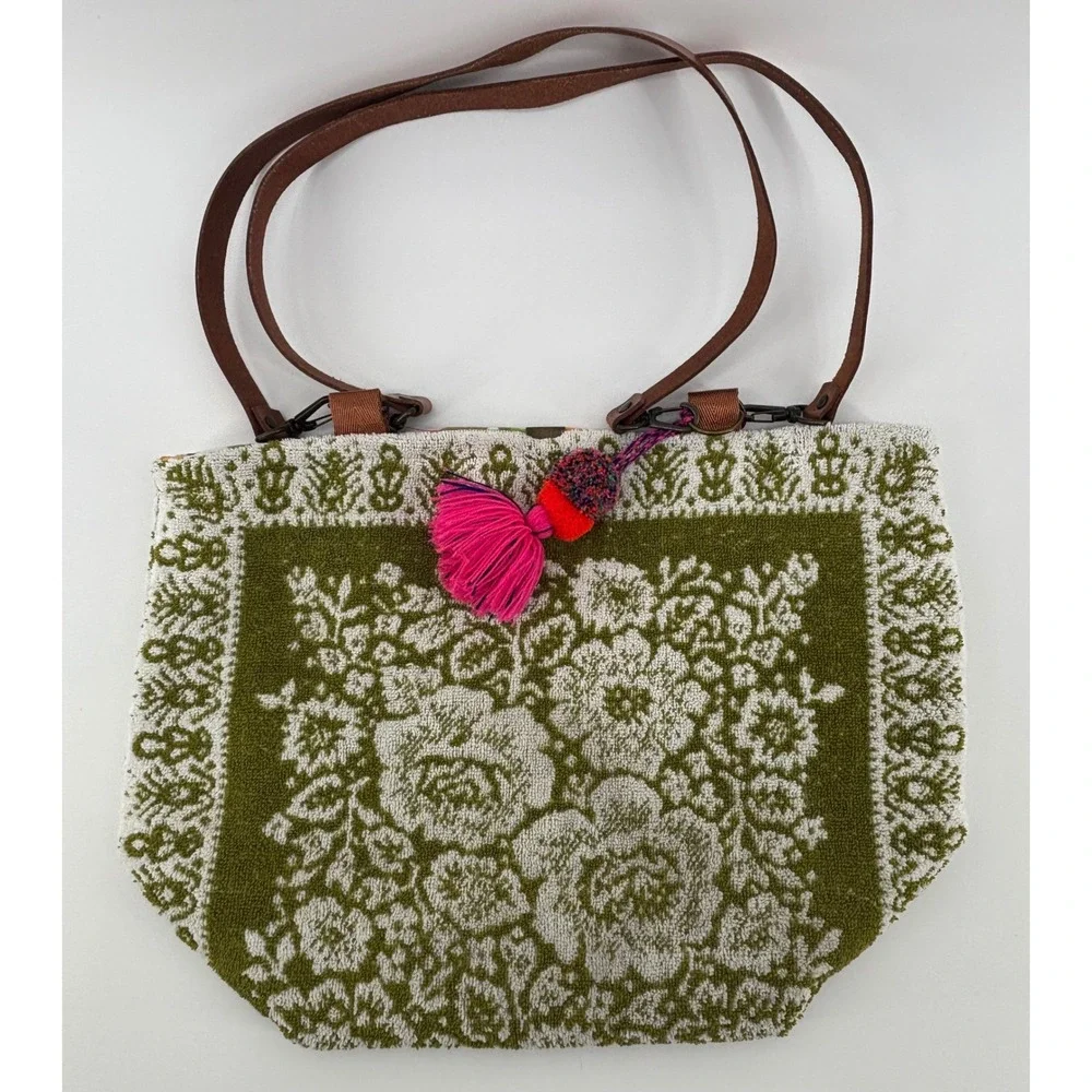 SoL Revibe Shoulder Bag Green Floral Upcycled Hand Towel Cloth Tassel